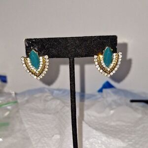 Vintage Post Back Pierced Earrings Faux Turquoise Rhinestone Native American